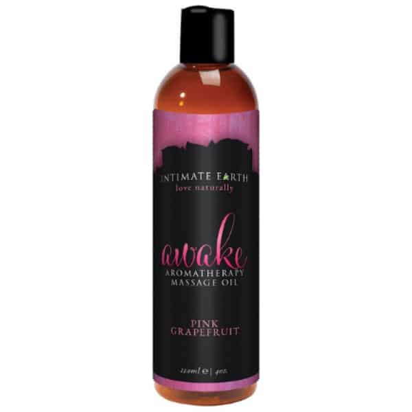 Bottle of Awake Massage Oil with black Awake branded label