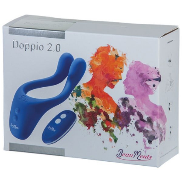 White box packaging for blue remote control couple vibrator Doppio 2.0 by BeauMents