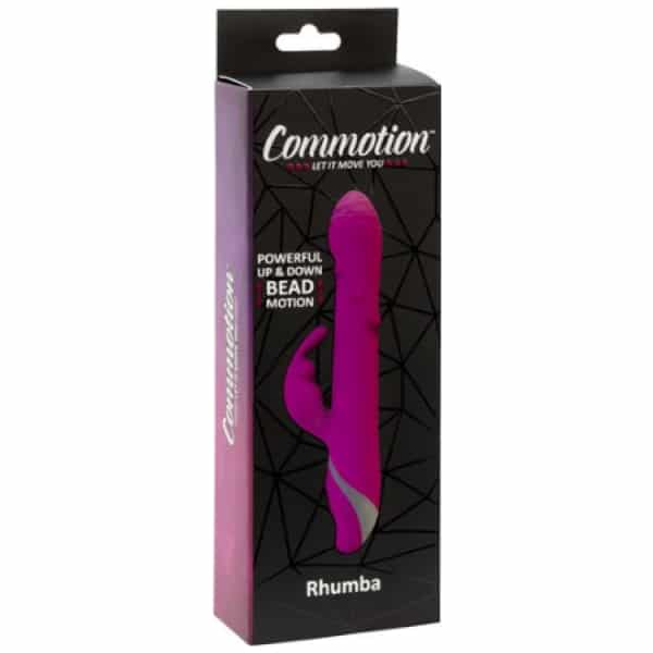 Purple Commotion Rhumba vibrating dildo in black box packaging